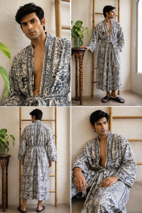 dressing gown kimono cotton Men's Block Print House Robe - Grey White Diamond Kite Ikat Motif Summer Persian Geometric Magic | Holiday Spa Waist Size:44″ Dog Christmas Dress Clothes S Bridesmaid robes stepping out of a
