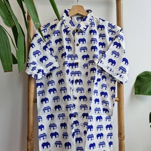 Men’s Shirt Pure Cotton Indian Handprinted Relaxed Summer Cool Comfortable Garden Beach Picnic Urban Man Dad Gifts White Blue Elephants