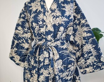 Kantha Cotton Reversible Kimono Jacket Unisex Boho Robe Handmade Summer Bright Navy Blue Beige Oriental Floral Blossom Desire Gardenia