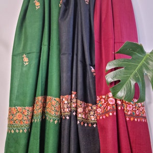 Pure Wool Hand Embroidery Pashmina Scarf Stole | Handmade Gifts |  Wool Scarves | All Season Floral Kashmir Wrap | Black Red Green