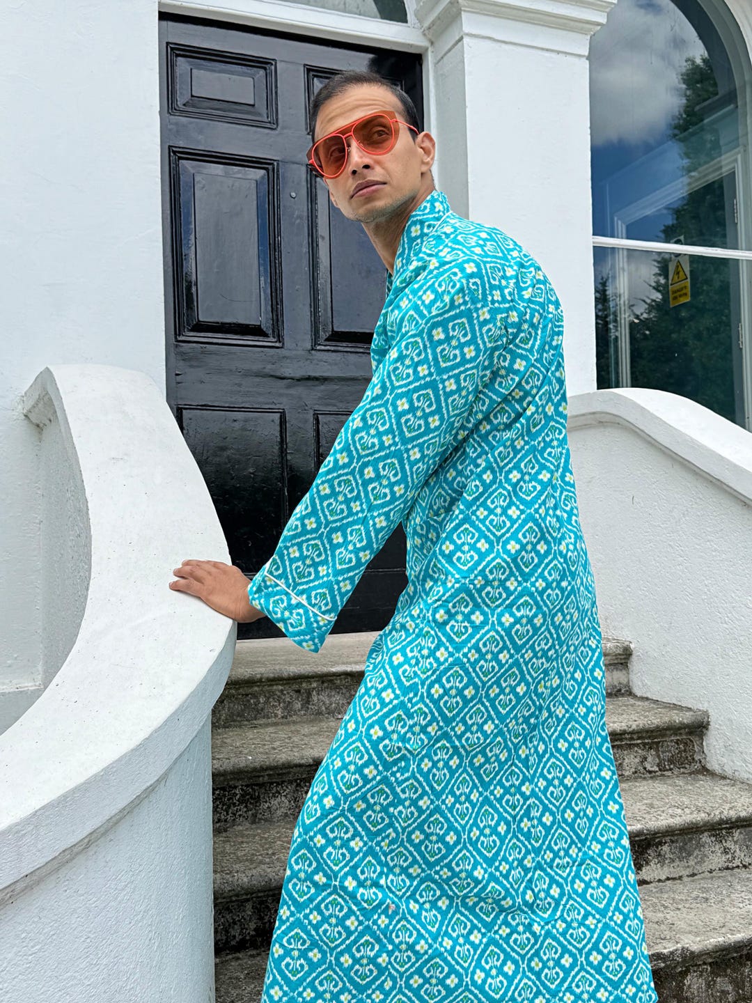 Men's Turquoise Robe Men’s Cotton Block Print House Robe Boho Kimono | Turquoise Aqua White ...