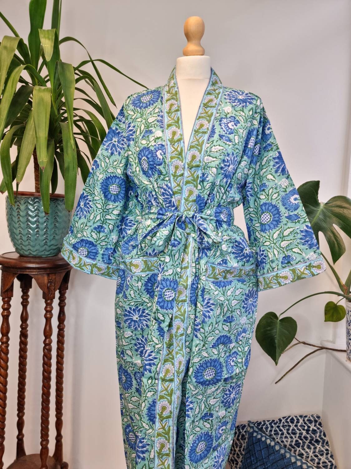 Pure Cotton Handprinted House Robe Summer Kimono Floral Beach Coverup ...