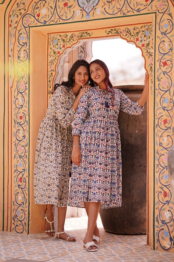 Pure Cotton Cream Navy Blue Ikat Motif Floral Dress Indian Block