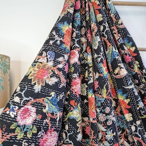 Kantha Stitch Pure Cotton Reversible Bed/Sofa Throw King Size Handmade Floral Indian Dohar Elegant Black Tropical Gardenia Botanical Bloom