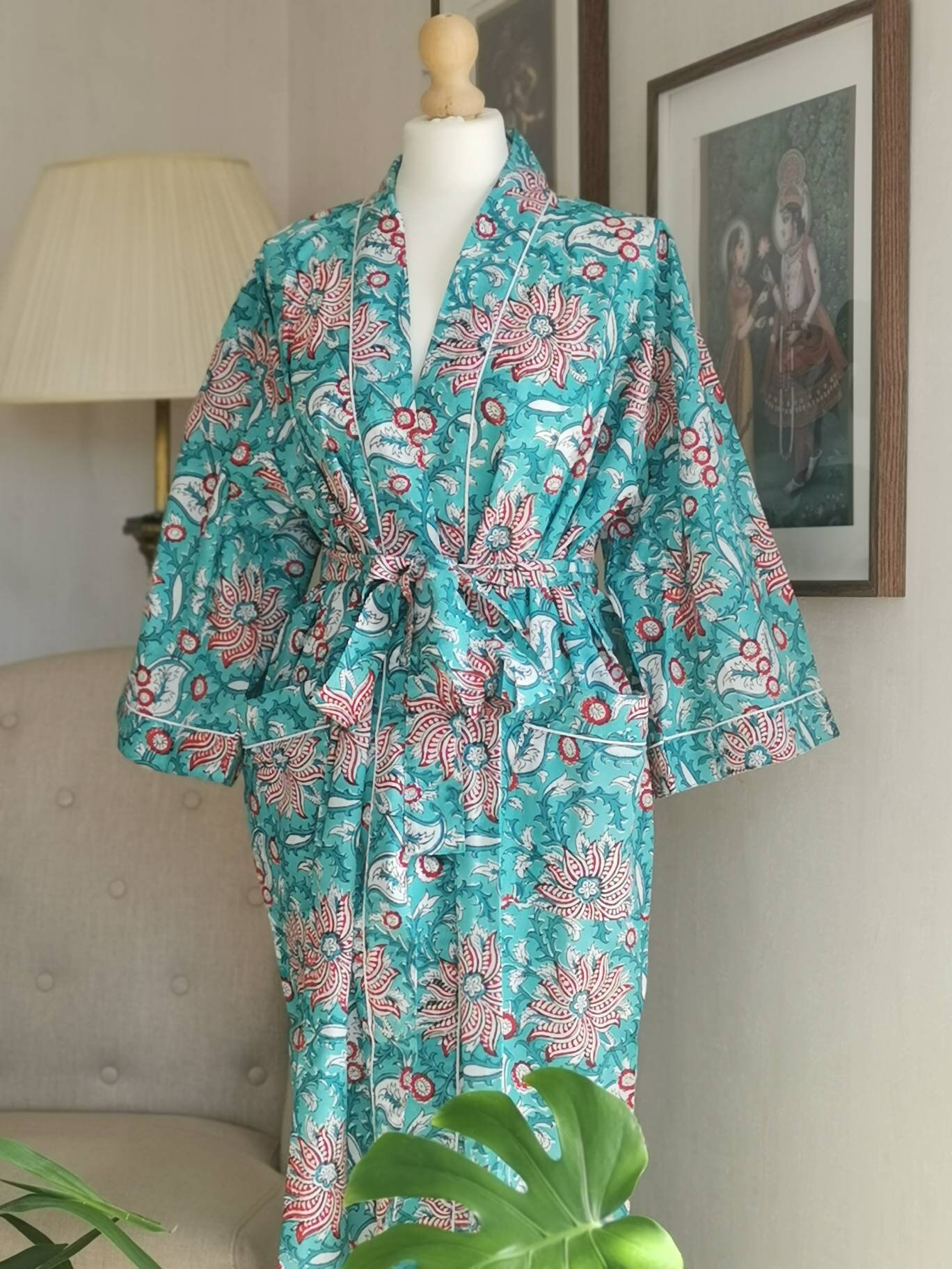 Indigo Robe Pure Cotton Indigo Handprinted House Robe Summer Kimono | Floral Beach ...