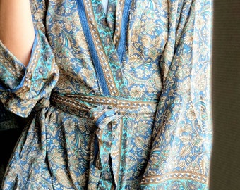 New Silky Sari Boho Kimono Regal Couple Set House Robe - Luxury Lounge Flowy Gown | Pastel Blue Beige Nature Dreamer | Floral Duster Coverup