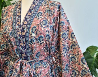 New Silky Sari Boho Kimono Regal House Robe - Luxury Lounge Digital Print Flowy Gown | Regal Cream Dusty Pink Navy Aqua |Floral Duster