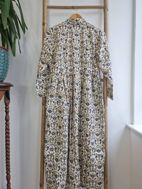 Pure Cotton Midi Ikat Cream Blue Floral Dress Indian Block Print Earthy  Summer Elegant Comfy Daywear Outfit Front Button Down Casual Mommy 