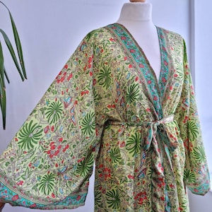 New Silky Sari Boho Kimono Regal House Robe - Luxury Lounge Digital Print Flowy Gown | Royal Fresh Green Exotic Bloom Floral Duster Coverup