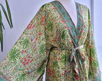 New Silky Sari Boho Kimono Regal House Robe - Luxury Lounge Digital Print Flowy Gown | Royal Fresh Green Exotic Bloom Floral Duster Coverup