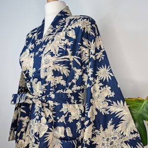 Pure Cotton Handprinted House Robe | Autumn Winter Christmas Vibe Kimono | Floral Coverup/Comfy Maternity Mom Aquamarine Deep Blue Oriental