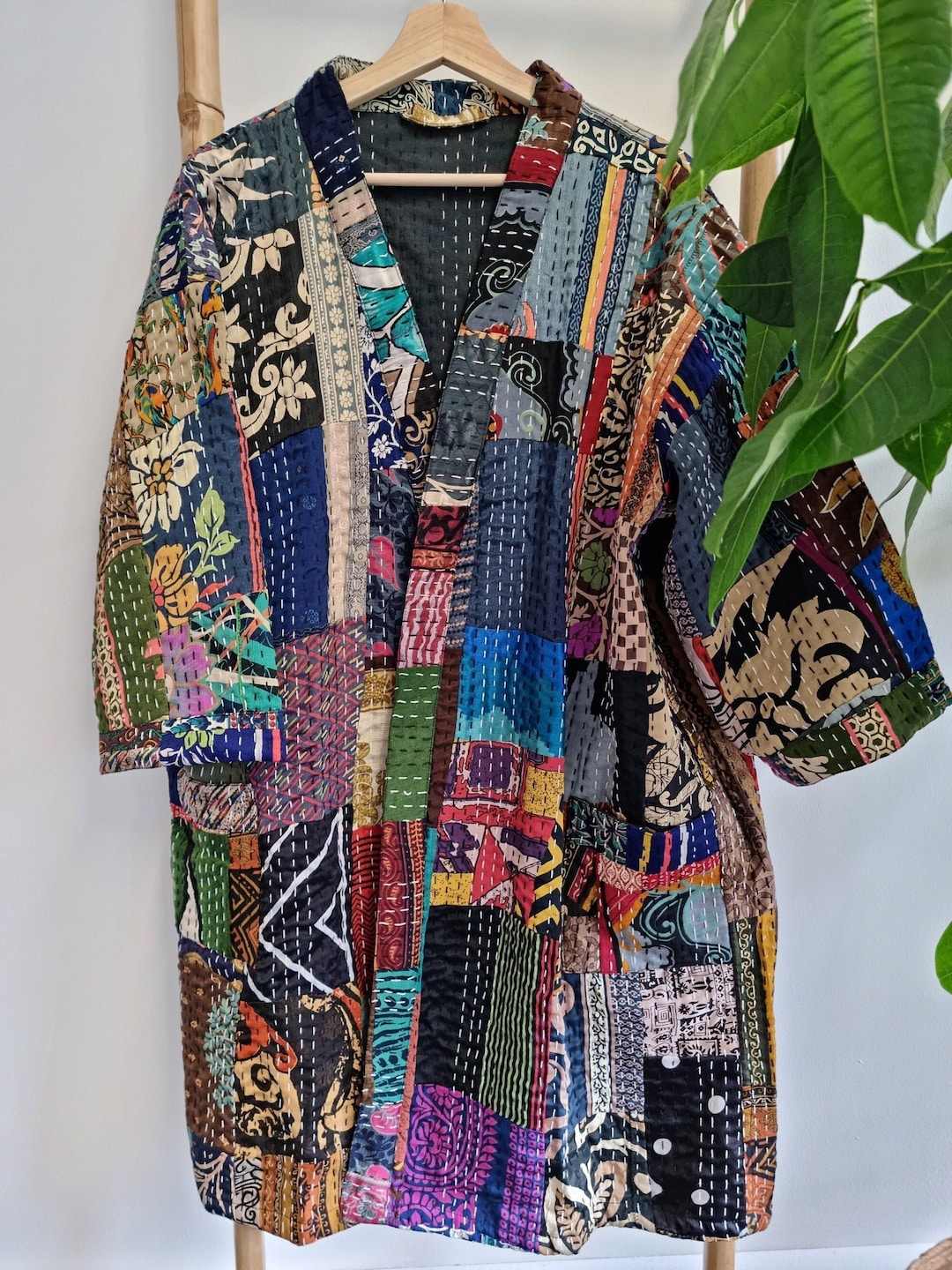 Silk Kantha Cotton Knee Length Patchwork Reversible Kimono Jacket
