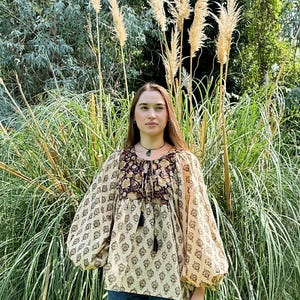 Puur katoenen aardse bloemen boho blouse top Indiase bagru blokprint zomer elegante comfortabele dagkleding casual mama ballonmouwen slabbetje stijl