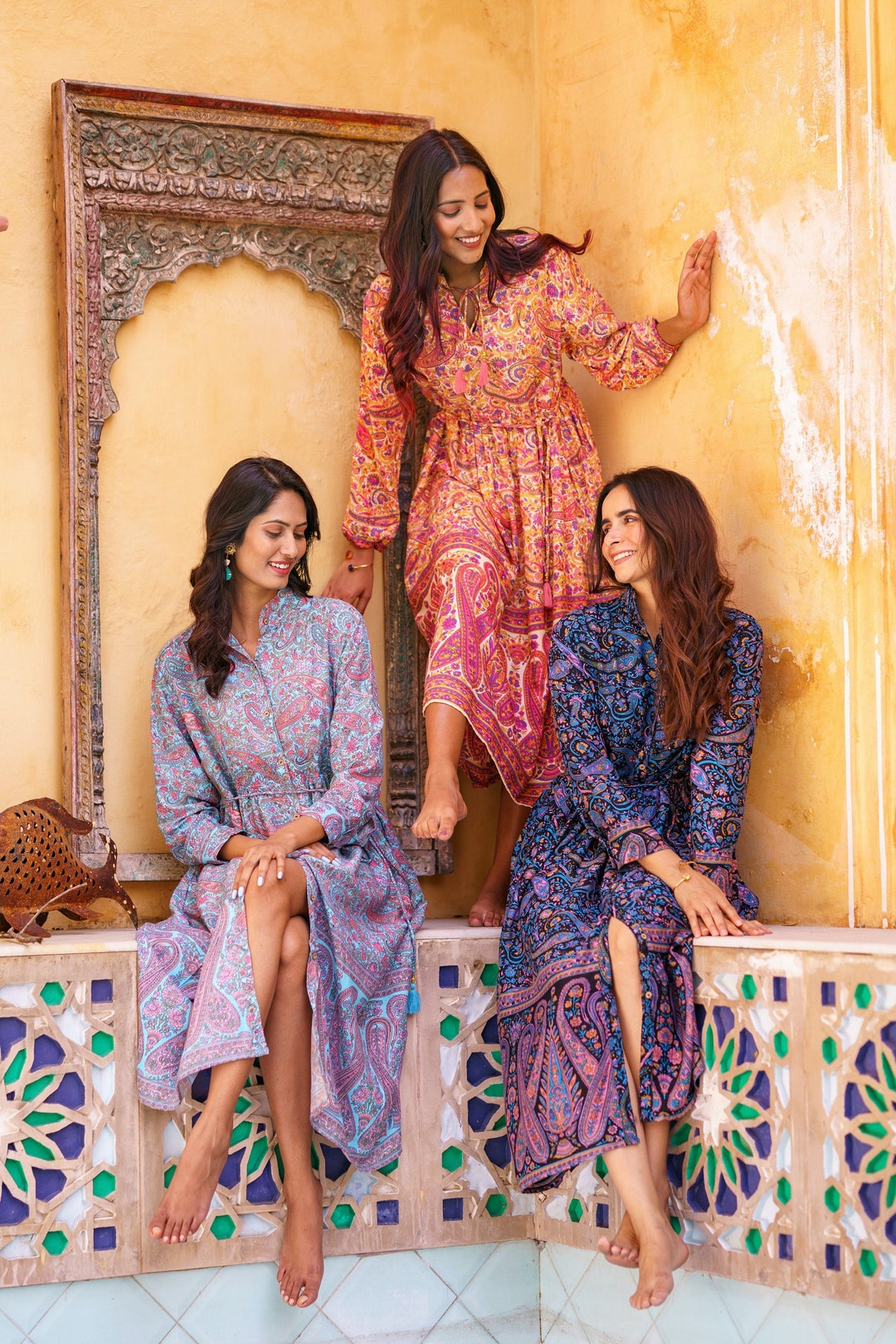 Cotton Midi Pastel Turquoise Paisley Dress Indian Block Print