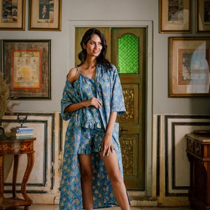 Cotton Hand Printed Indian Block-print Floral Camisole Shorts Kimono Robe Set Cute Frill Summer Sleep Lounge Elegant Cornflower Blue Yellow image 8