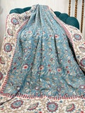 Pure Soft Cotton Indian Floral Dohar Reversible Bed/Sofa Throw Summer Quilted King Size Handmade HandPrinted Slated Teal White Red Beige