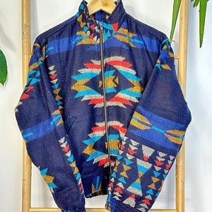 Yak Wool Blend Geometric Bomber Bolero Warm Cosy Jacket Regal Blue Turquoise Mustard Geometric Diamond Aztec Southwestern Ikat Style image 7