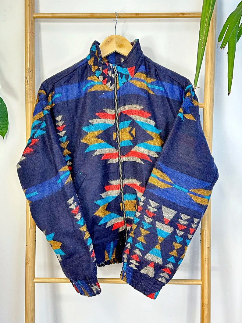 Yak Wool Blend Geometric Bomber Bolero Warm Cosy Jacket Regal Blue Turquoise Mustard Geometric Diamond Aztec Southwestern Ikat Style image 7