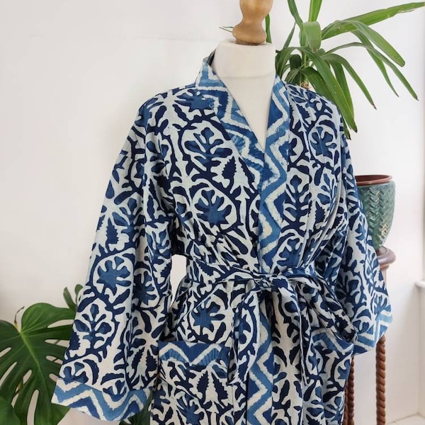 Pure Cotton Handprinted House Robe Botanical Kimono - Indigo White Flora Blooml Motif Beach Coverup/Comfy Maternity Chevron Stripe Border