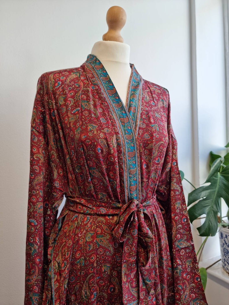 New Silk Sari Boho Kimono Regal House Robe Luxury Lounge Digital Print Flowy Gown Regal Red Green Paisley Floral Romance Duster Coverup image 7