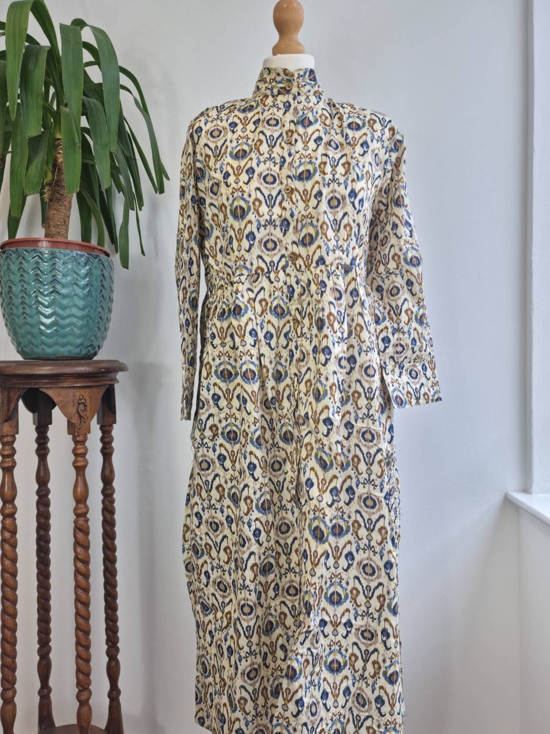 Pure Cotton Midi Ikat Cream Blue Floral Dress Indian Block Print Earthy  Summer Elegant Comfy Daywear Outfit Front Button Down Casual Mommy -   Canada