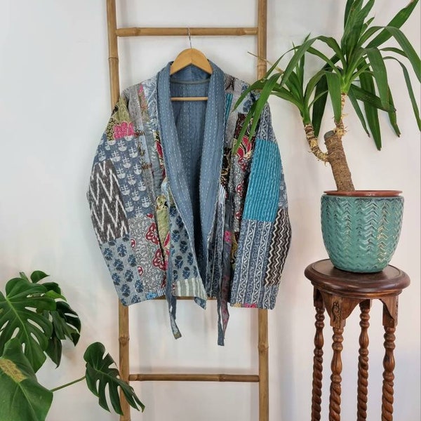 Kantha Reversible Short Length Spring Bolero Bohemian Melange Artist Front Tie Open Jacket | Quirky Grey Pastel Hue Patchwork Spring