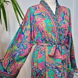 New Silky Sari Boho Kimono Regal House Robe Luxury Lounge Digital Print Flowy Gown Quirky Colourful Aqua Blue Pink Paisley Persian Holiday image 2