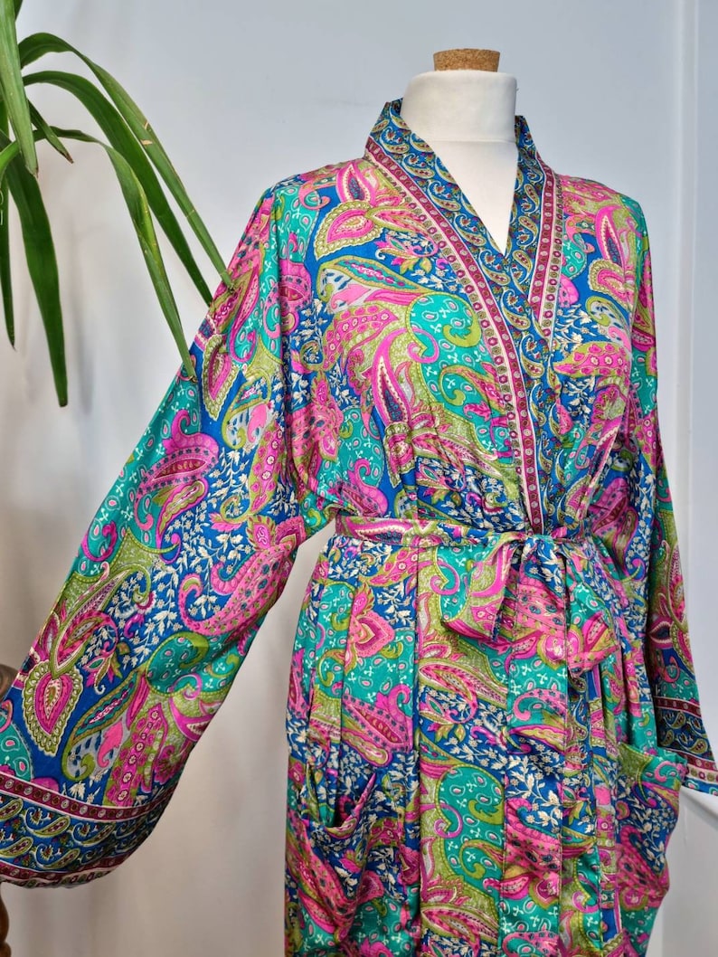New Silky Sari Boho Kimono Regal House Robe Luxury Lounge Digital Print Flowy Gown Quirky Colourful Aqua Blue Pink Paisley Persian Holiday image 2