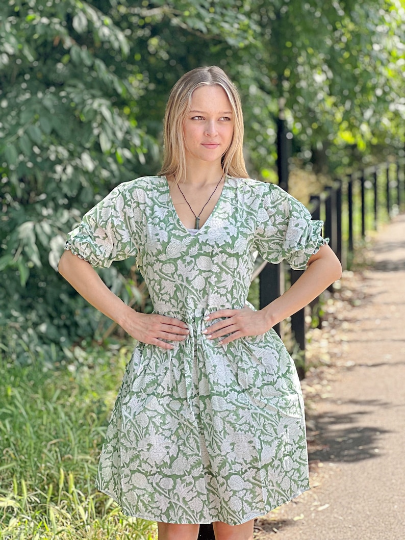 Pure Cotton Dress Indian Block Print Colourful Summer Earthy Elegant Comfy Daywear Beach Outfit Soft Sage Green White Spring Dream Love image 2