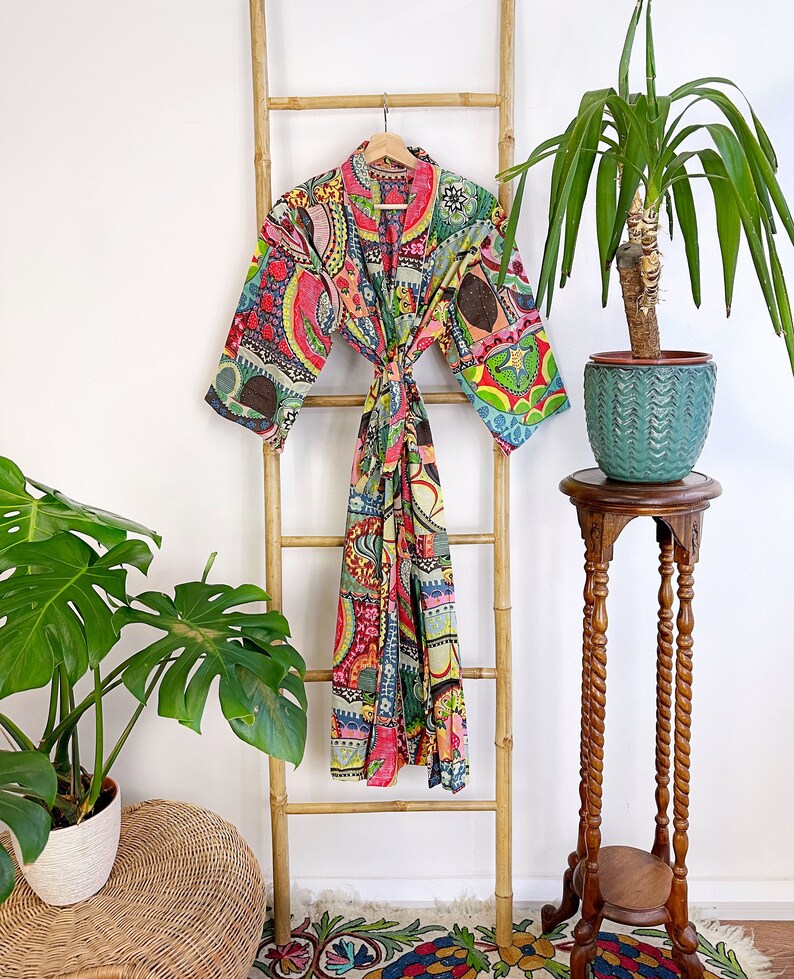 Colourful Robe Pure Cotton Handprinted House Robe Summer Kimono | Floral Beach ...