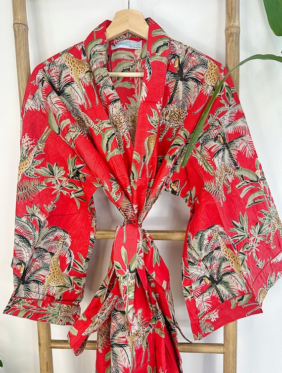 Men s Pure Cotton Blockprint House Robe Summer Dressing Kimono Gown Royal Red Leopard Jungle Giraffe Animal Party quirky Graduation Gift Etsy