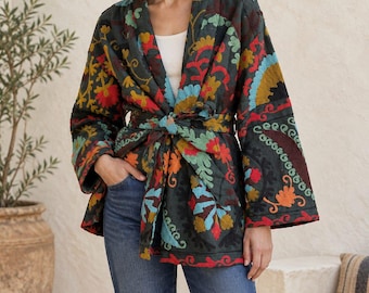 Suzani Hand Embroidered Short Jacket | Autumn Winter Boho  | Christmas Special Gift | Classic Matt Black Mustard Blue Red
