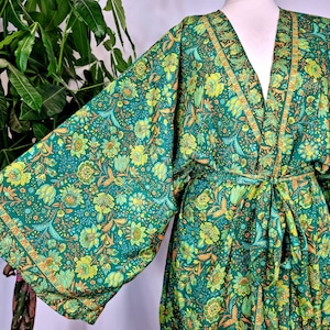 New Silk Sari Boho Kimono Regal House Robe - Luxury Lounge Digital Print Flowy Gown |Royal Forest Emerald Green Bloom Floral Duster Coverup