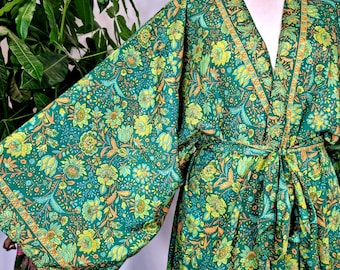 New Silk Sari Boho Kimono Regal House Robe - Luxury Lounge Digital Print Flowy Gown |Royal Forest Emerald Green Bloom Floral Duster Coverup