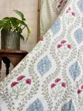 Pure Soft Cotton Indian Floral Dohar Reversible Bed/Sofa Throw Summer Quilted King Size HandPrint White Pink Blue Floral Mughal Regal Dream