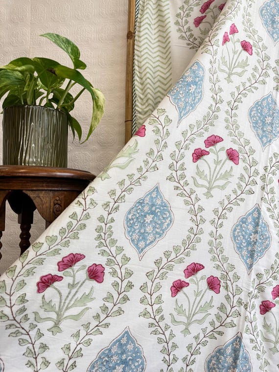 Pure Soft Cotton Indian Floral Dohar Reversible Bed/Sofa Throw Summer Quilted King Size HandPrint White Pink Blue Floral Mughal Regal Dream