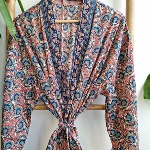 Neue Seidige Sari Boho Kimono Regal Haus Robe Luxus Lounge Digital Print Fließendes Kleid Regal Cream Altrosa Navy Aqua Floral Duster Bild 10