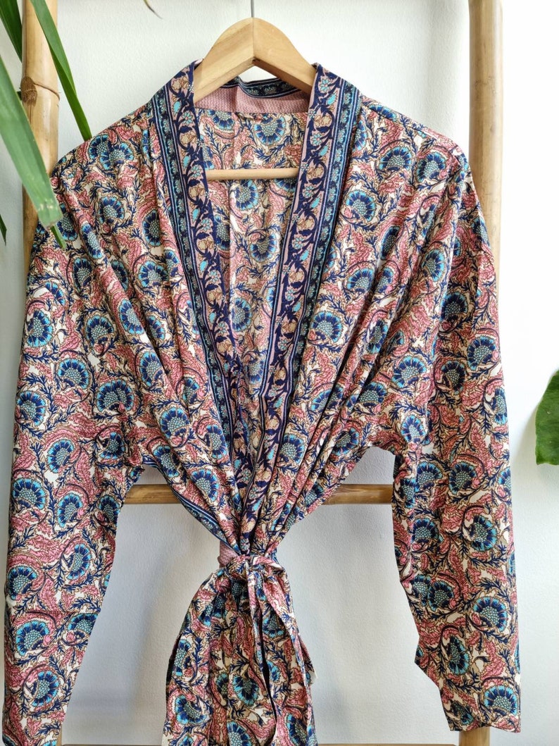 Neue Seidige Sari Boho Kimono Regal Haus Robe Luxus Lounge Digital Print Fließendes Kleid Regal Cream Altrosa Navy Aqua Floral Duster Bild 10