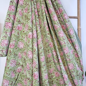 Kantha Stitch Pure Cotton Reversible Bed/Sofa Throw King Size Handmade Floral Indian Dohar Elegant Spring Pastel Green Pink Botanical Bloom