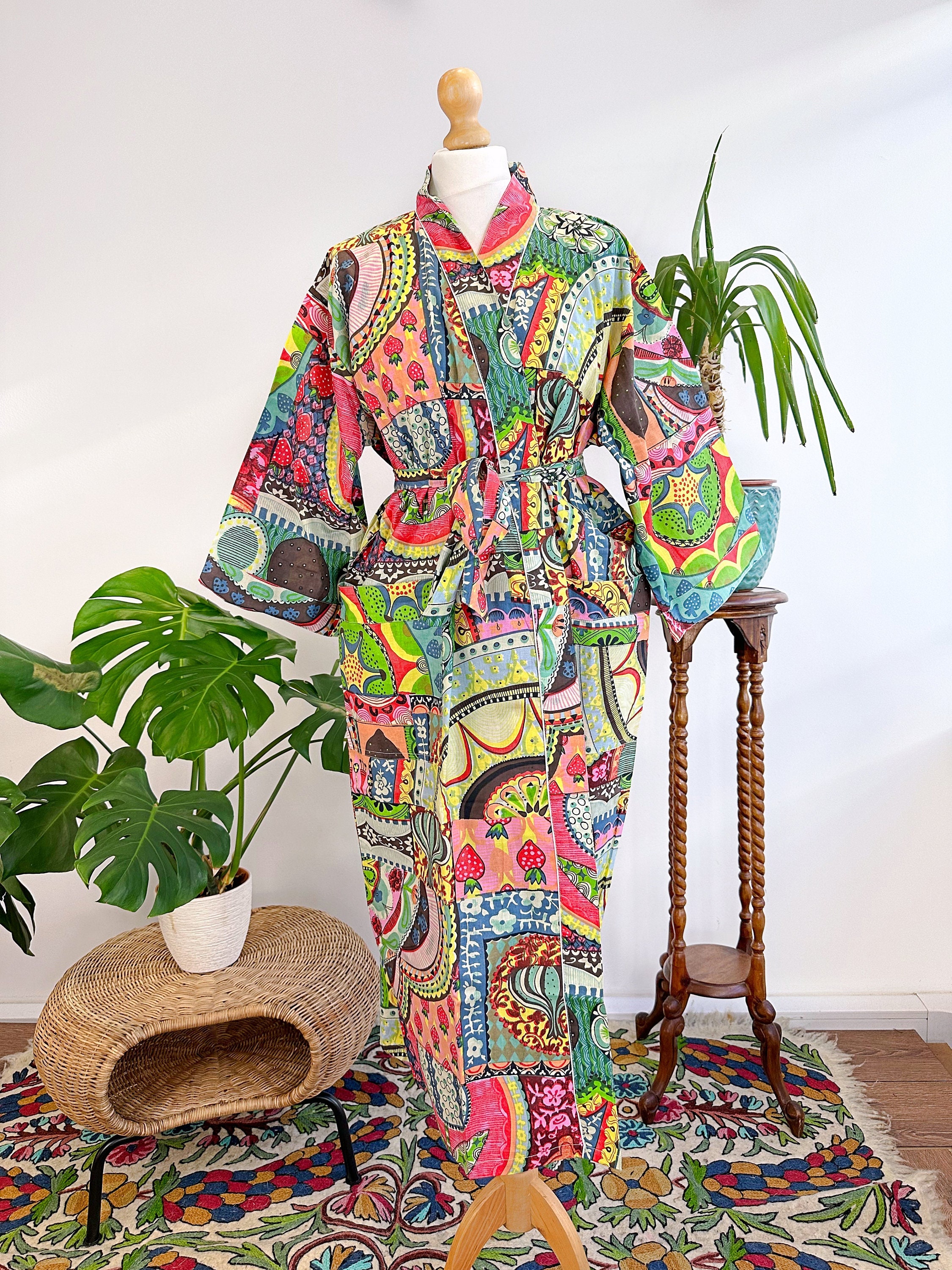 Colourful Robe Pure Cotton Handprinted House Robe Summer Kimono | Floral Beach ...