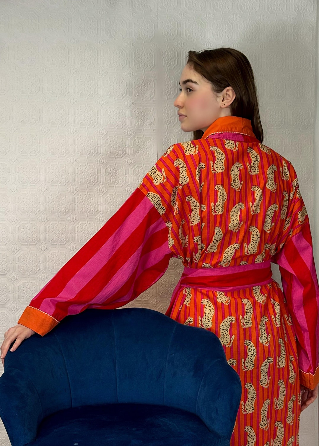 Red Striped Robe Pure Cotton Handprinted House Robe Tropical Kimono - Chunky Stripe ...