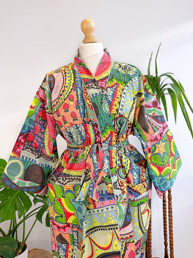Colourful Robe Pure Cotton Handprinted House Robe Summer Kimono | Floral Beach ...