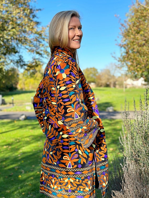 Velvet Suzani Artisan Hand Embroidered Front Open Long Jacket Coat