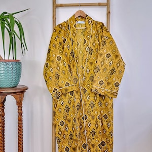 Men’s Cotton Block print House Robe Kimono - Mustard Brown Ikat Persian Geometric Persian Magic | Christmas Gift Idea Newly Weds Couple