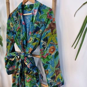 Luxury Velvet House Robe Unisex Kimono Boho Jacket Lined Winter Christmas Gift Quirky Monkey Royal Green Teal Hues UK 8-12 image 2