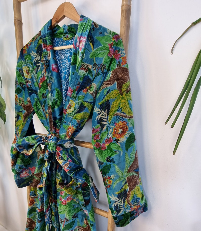 Luxury Velvet House Robe Unisex Kimono Boho Jacket Lined Winter Christmas Gift Quirky Monkey Royal Green Teal Hues UK 8-12 image 2