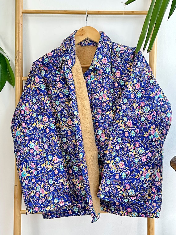 Quilted Unisex Recycled Silk Sherpa Fleece Lined Short Length Bolero  Collared Style Boho Open Quirky Warm Jacket Blue Floral Gardenia - Etsy