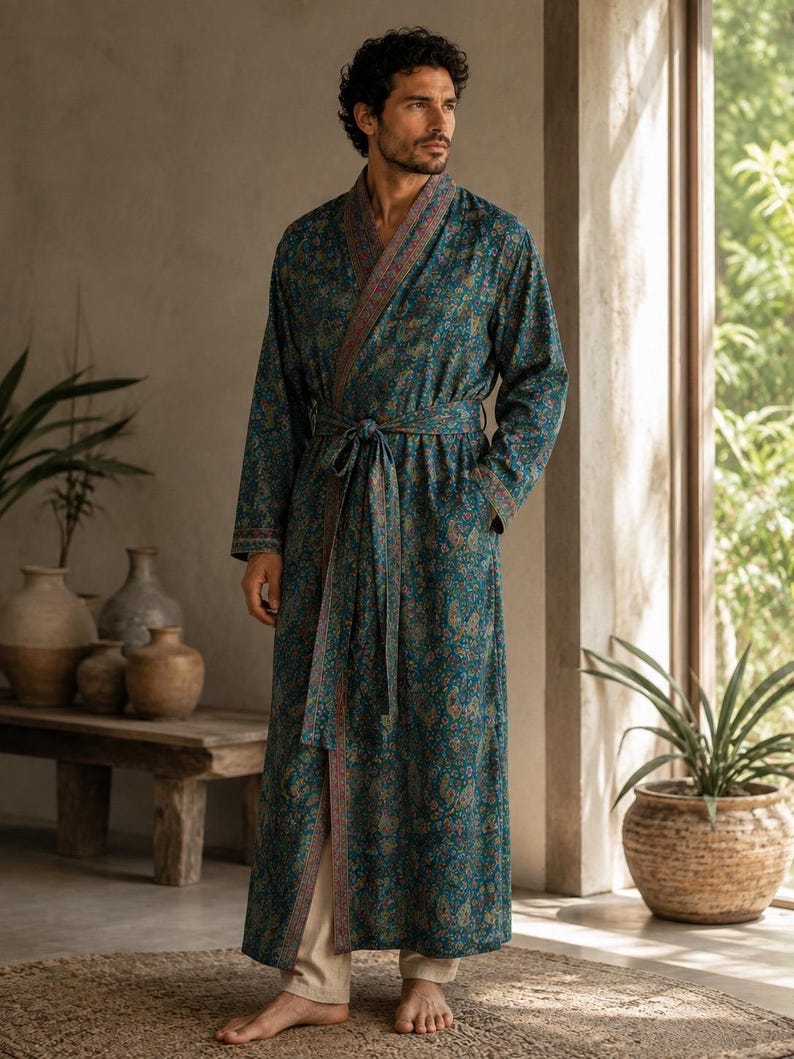 May include: A floor-length teal robe featuring a detailed paisley pattern in shades of orange, pink, and green. The garment includes a shawl collar with a contrasting border, long sleeves, and a matching fabric tie belt at the waist.