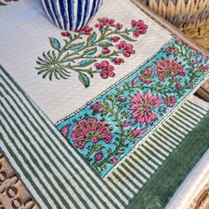 Juego de paños de cocina de lino y algodón con estampado floral a mano, elegantes rayas en colores pastel, decoración para el hogar y la cocina, idea de regalo económica, verde y rosa.