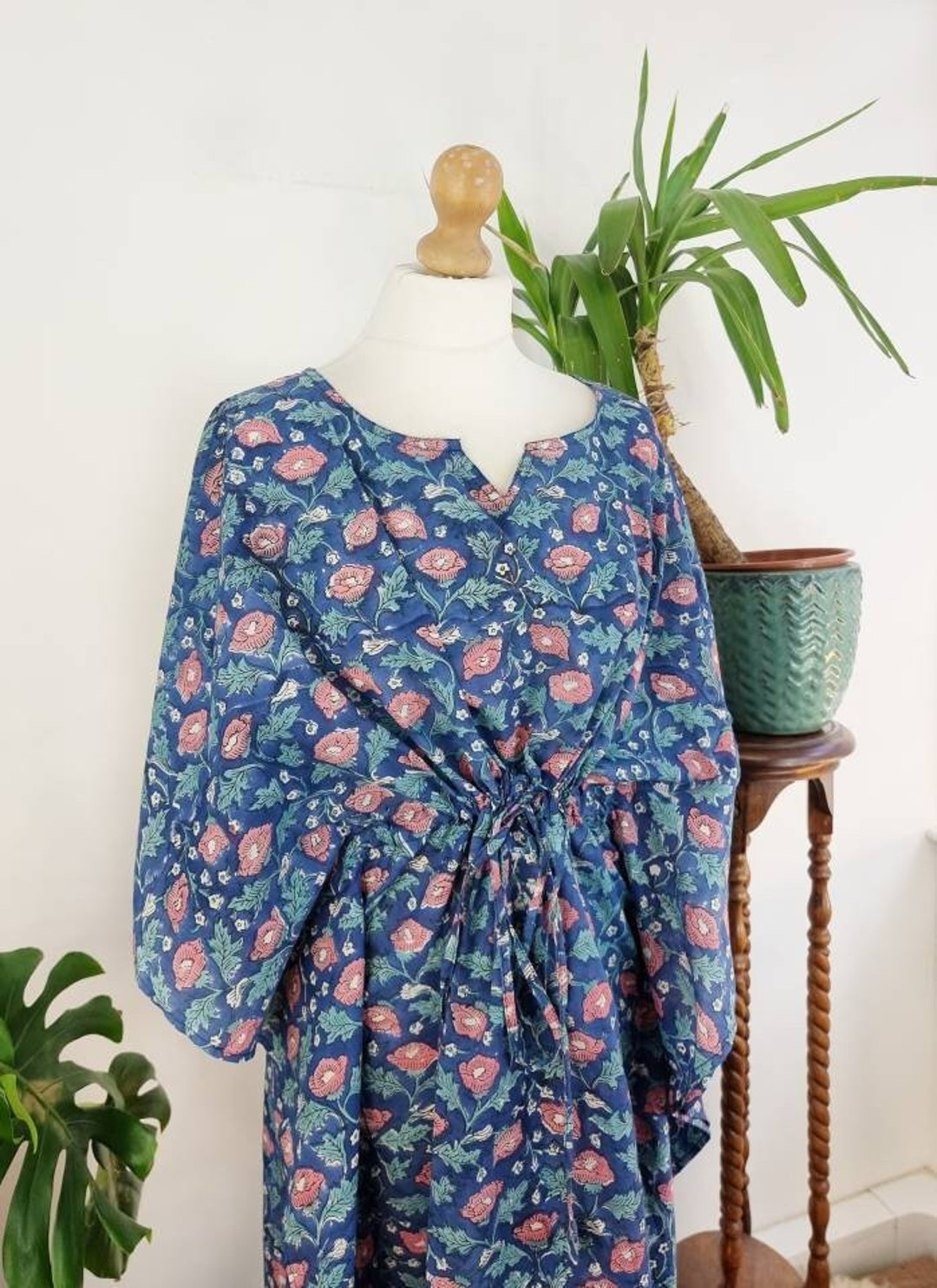 Pure Cotton Kaftan Short Dress Indian Block Print Summer Floral Beach